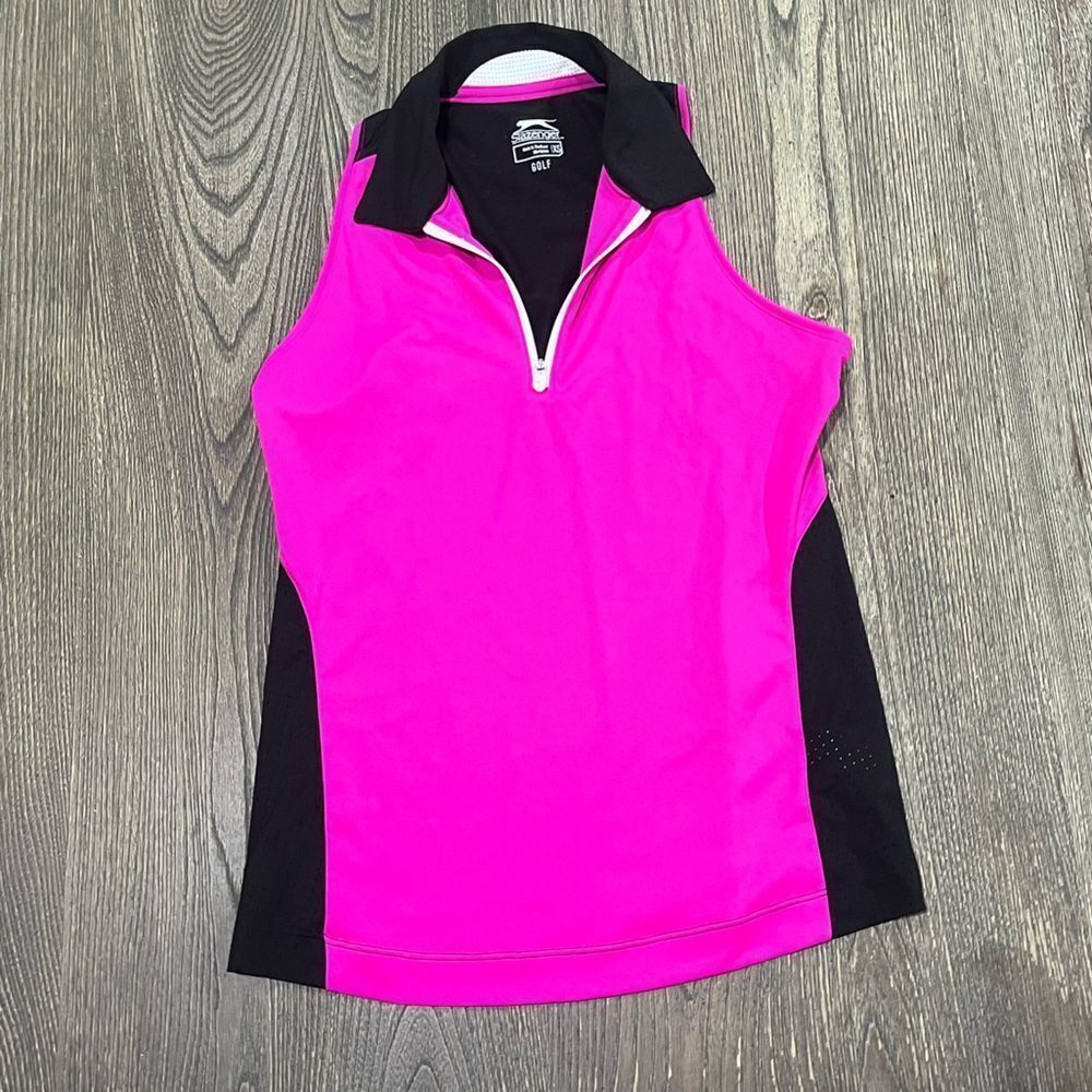 Slazenger Golf Sleeveless Polo Shirt Racerback Front Zip Pink Black Size XS